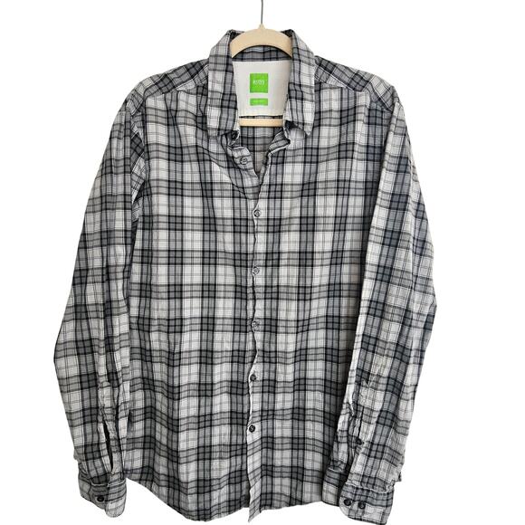 Boss Hugo Boss Shirt Black Gray Plaid Button Front Long Sleeve Top Men L Modern - Picture 1 of 9